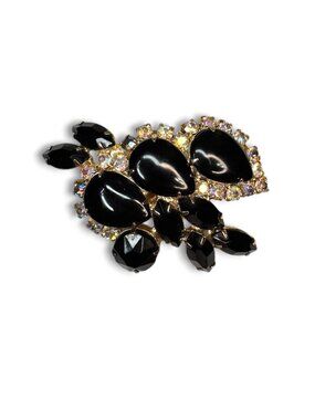 Black Glass Rhinestone Brooch Gold Tone Floral Cluster Mid Century